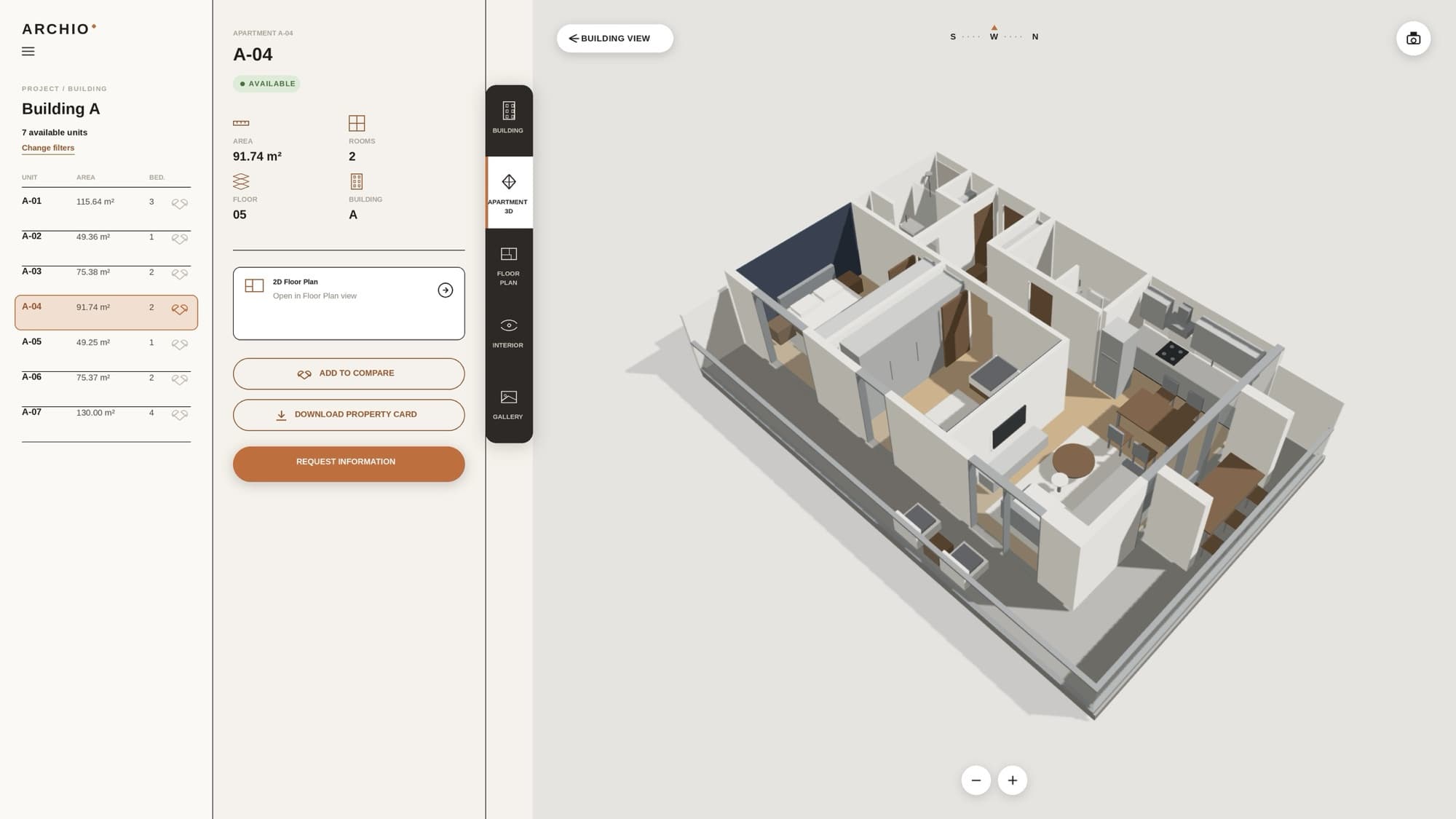 An ARCHIO apartment view: unit list, key figures for apartment A-04, and a three-dimensional cutaway of the floor plan