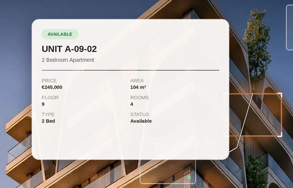 An ARCHIO unit card showing price, area, floor, rooms and availability for a two-bedroom apartment, overlaid on the building facade