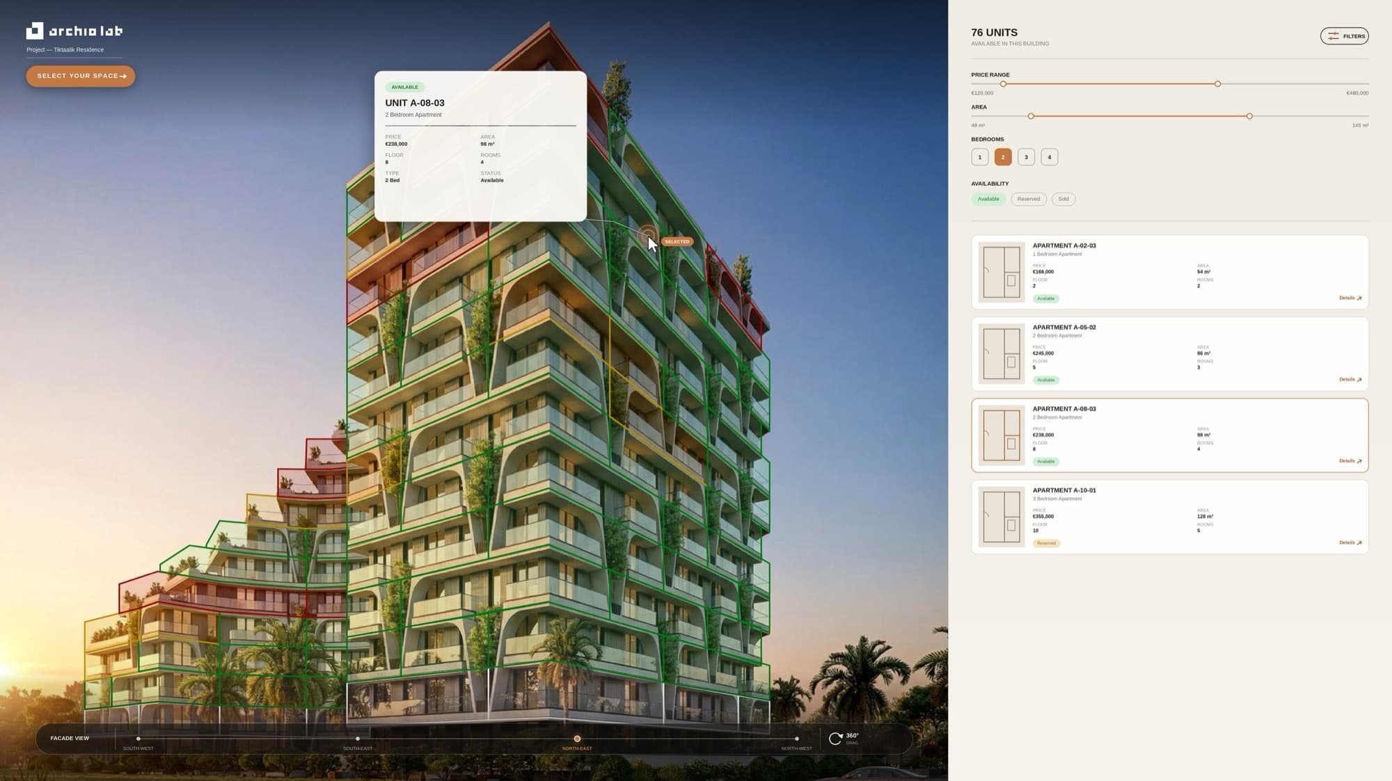 The ARCHIO unit selector: available apartments highlighted on the building facade, with filters for price, area and bedrooms alongside