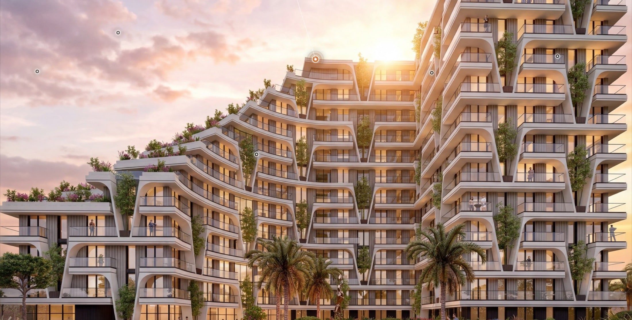 An ARCHIO residential development at sunset, with terraced planted balconies